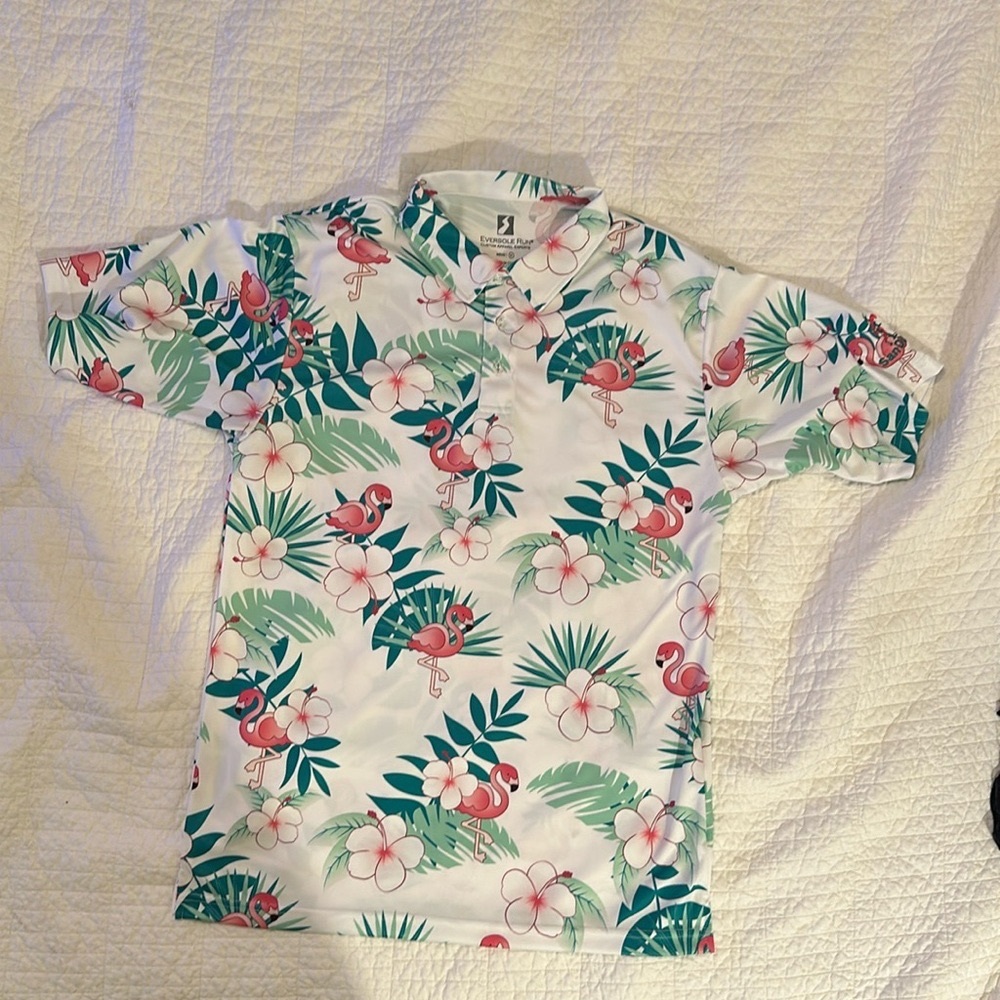 NWOT Eversole Run NWT Men's Performance Golf Polo - Flamingo Floral - Picture 3 of 6